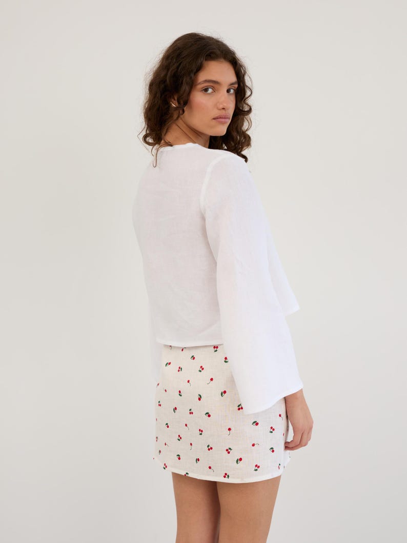 Tie Front Linen Top BLAIRE in White / Long Sleeve Tie Shirt / Linen Kimono Tie Front Shirt / Cropped Tie Jacket - Image 5
