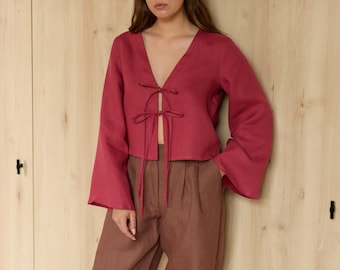 High waist linen pleated pants, tailored straight leg, dark brown | JAMES