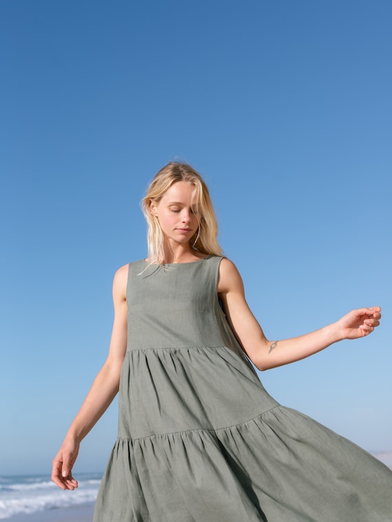 Sleeveless Linen Midi Dress, Tiered Pockets, Handmade Clothing, AGOTA