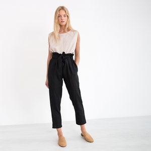 NOAH Linen Pants / Elegant Tapered Linen Trousers / Paper Bag Waist Pants