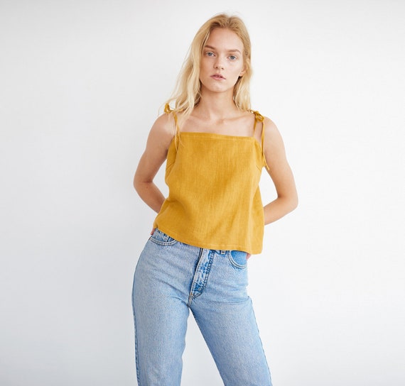 SOPHIE Tie Strap Linen Tank Top / Washed Linen Cami Top