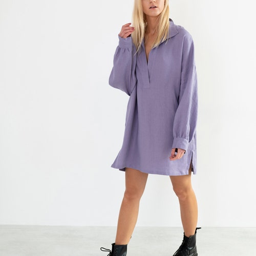 oversized long sleeve tunic dress women's oversized long sleeve shirt dress, cotton linen pleated dress, button front maxi dress, spring shift tunic dress M139