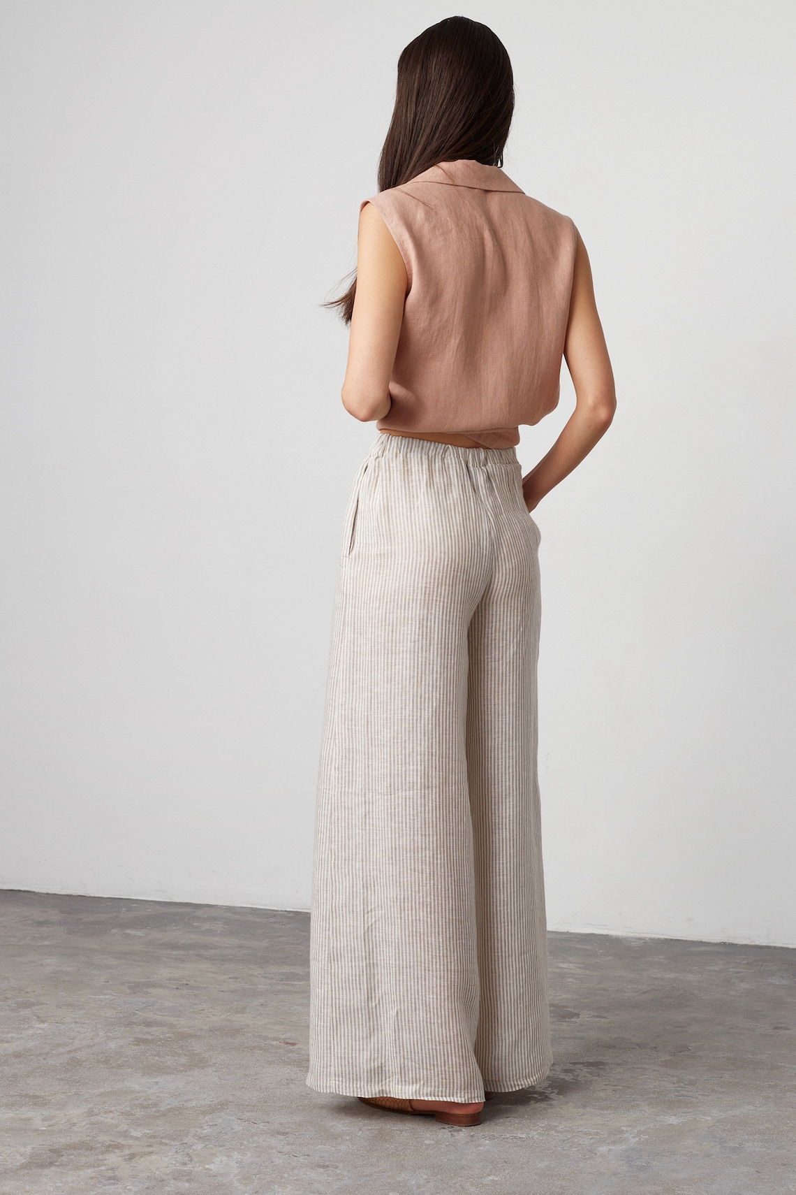 Pierson Linen Blend Unique Print Elastic Waist Pocketed Wide Leg Pants