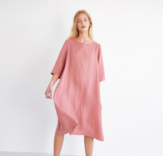 knee length dresses for ladies Salmon Pink Puff Sleeve Midi Dress - Shop By Color