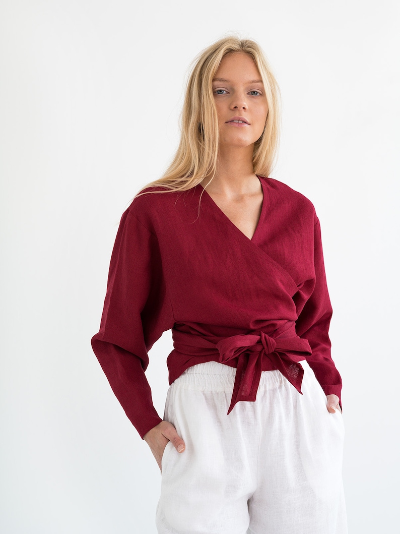 JUNE Linen Wrap Top / Linen Wrap Blouse / Long Sleeve Tie Etsy