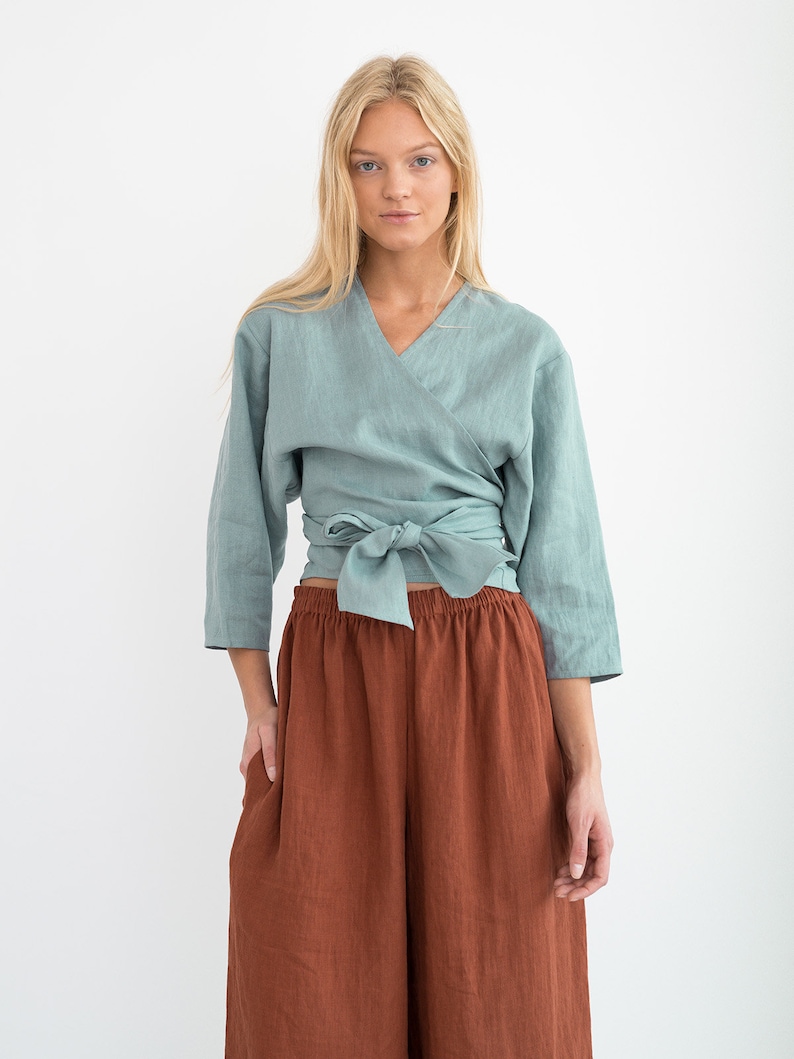 CLAIRE Linen Wrap Top / Linen Wrap Blouse / Linen Kimono Top image 4