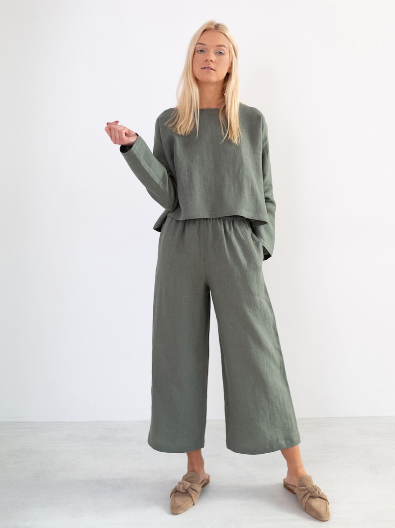 RILEY Linen Pants for Women / Wide Leg Linen Trousers in Sage Green / Palazzo Pants