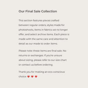 Final sale policy: ready-to-ship pieces, no returns or exchanges