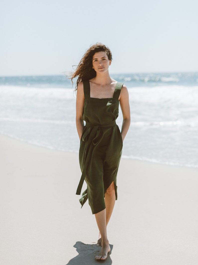 ELLIDY Linen Dress / Strap Summer Dress in Forest Green image 2