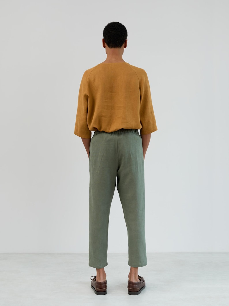 Image 6 of Mens Linen Drawstring Pants DOMINIC, Relaxed Fit Casual Trousers for Summer, Beach Resort Wear Slacks in "Sage Green" by LAC