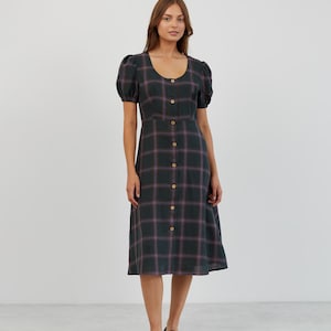 Plaid Dress AURELIA / Plaid Linen Shirt Dress for Women / Midi Linen Dress / Plaid Puff Sleeve Dress