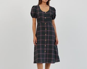 Vestido midi de lino a cuadros, corte A con mangas abullonadas, AURELIA
