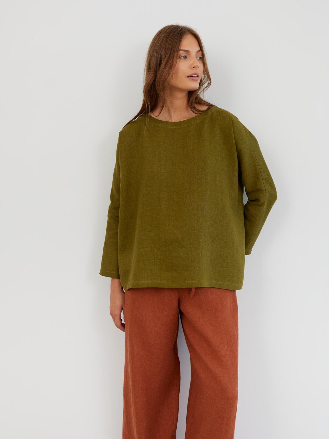 Green Lily Linen Bow Tie Sleeve Pleated Blouse Top main image 0