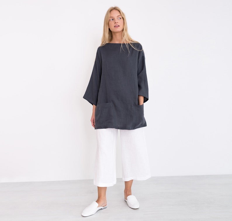 Oversized linen tunic top, dark gray with front pockets, plus size friendly | ALEXIS image 2