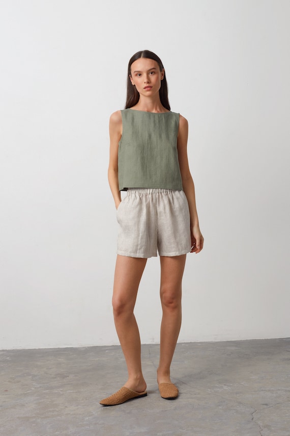 Linen Tank Top, Sleeveless Crop Blouse, Sage Green, Handmade