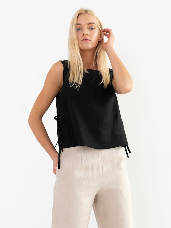 AVERY Side Tie Linen Top / Linen Sleeveless Top / Black Linen Tank Top 