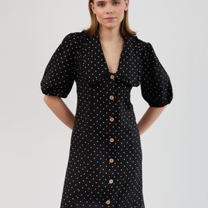AUBREY Linen Dress / Button Front Dress with Puff Sleeves  / Ruffled Collar Linen Midi Dress