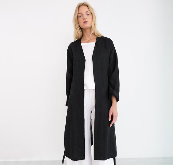 NORA Linen Coat / Black Linen Jacket / Long Blazer With Belt