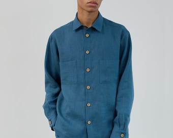 Camicia da uomo in lino, manica lunga con bottoni, blu mare, vestibilità comoda / BEN