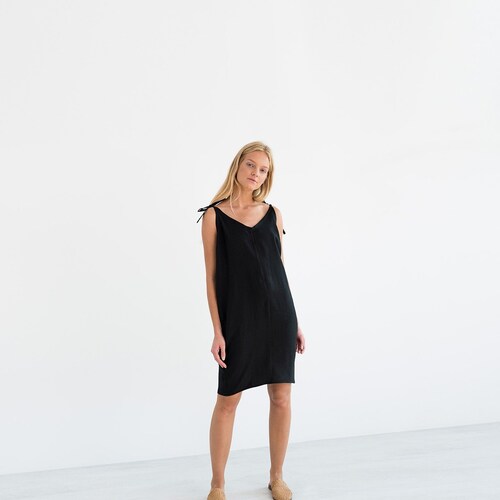 Linen slip dress, tie strap midi, handmade | ARIA