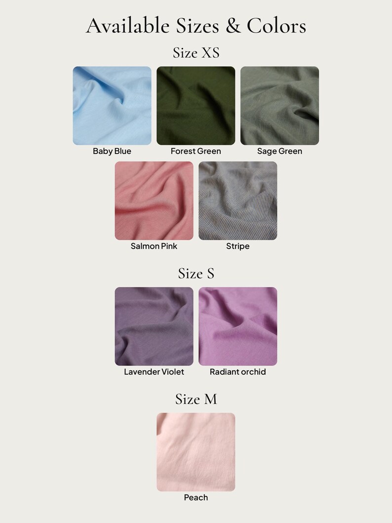 LUNA available stock colors by size XS through M