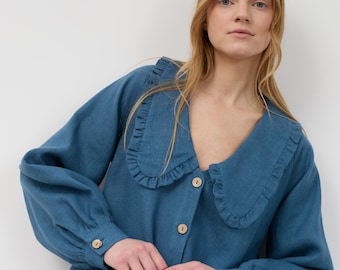 SALE Women's Linen Wool Blend Dress, Ruffle Collar and Balloon Sleeves | MELODY
