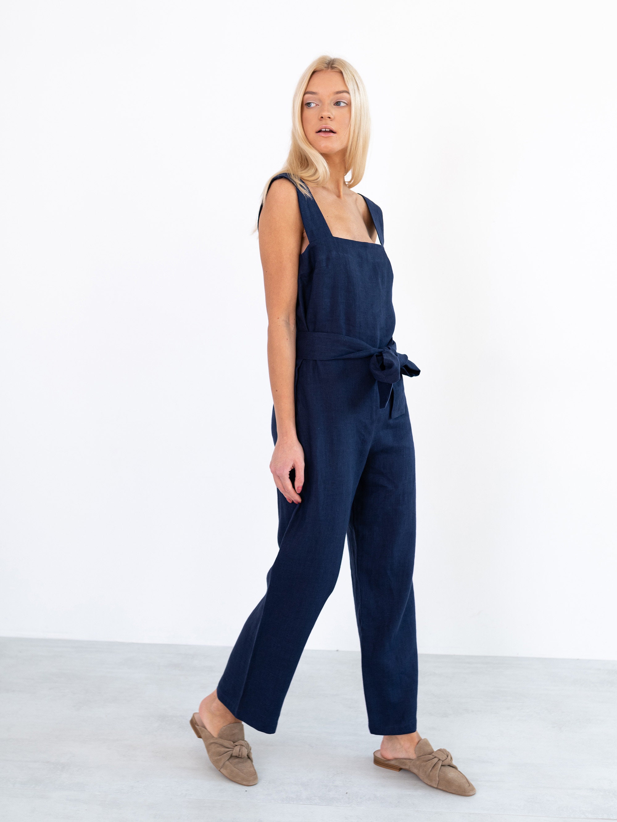 DAKOTA Linen Jumpsuit in Navy Blue / Linen Overalls Womens / Etsy