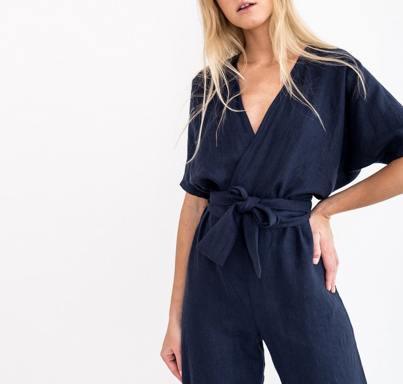 AURORA Linen Jumpsuit / Loose Linen Overalls / Linen Romper With Belt image 3