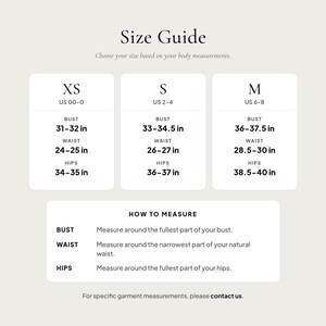 Women's XS through M body measurement guide in inches