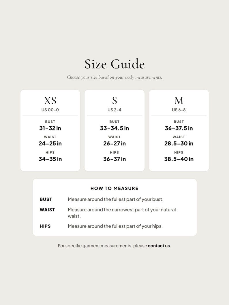 Women's XS through M body measurement guide in inches