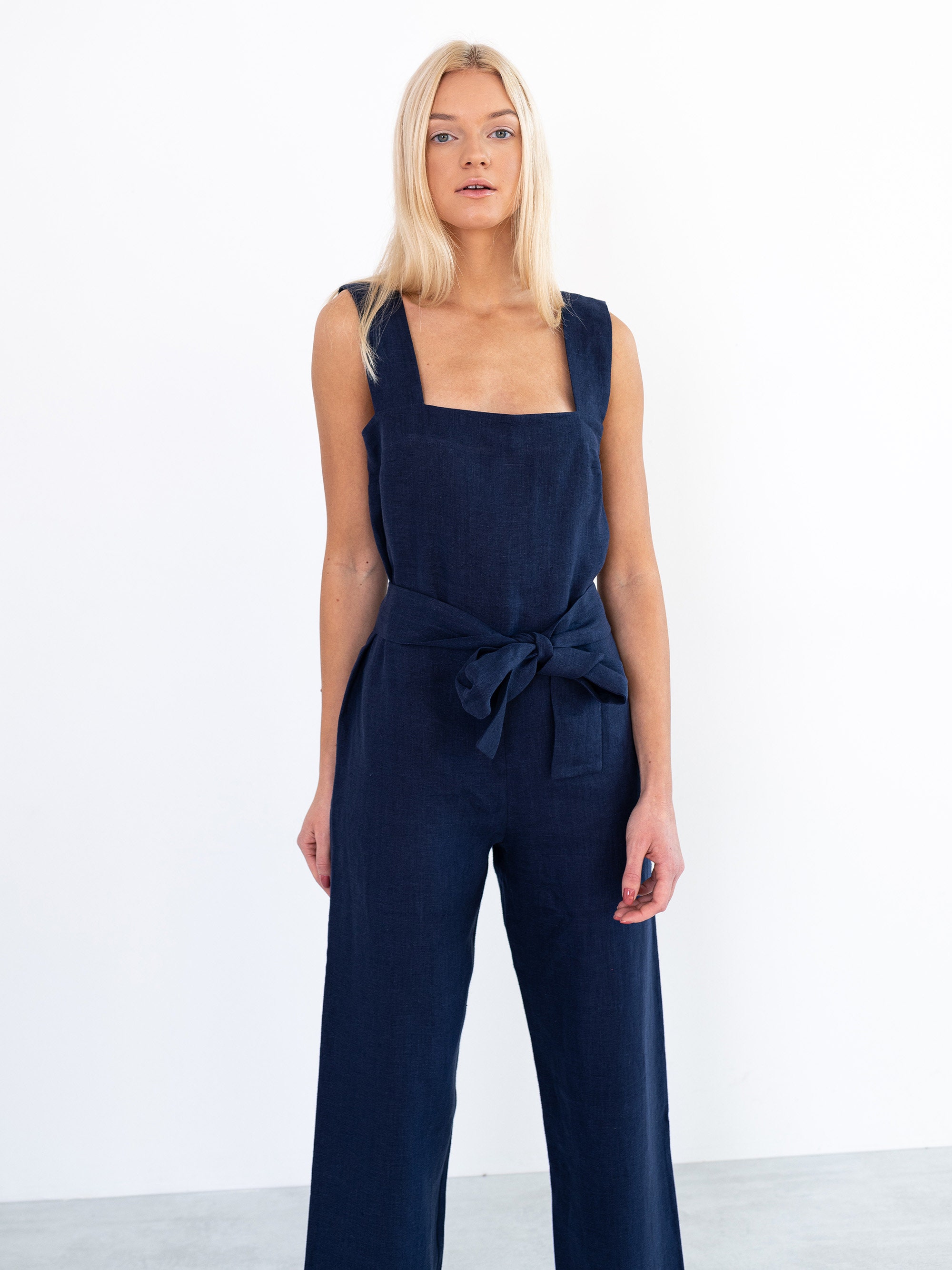 DAKOTA Linen Jumpsuit in Navy Blue / Linen Overalls Womens / Etsy