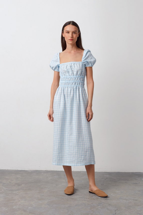Linen Midi Dress: Puff Sleeve, Baby Blue Gingham, HOLIDAY