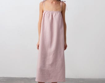 SALE Women's Linen Midi Dress, Sleeveless with Self-Tie Shoulder Straps | MINT