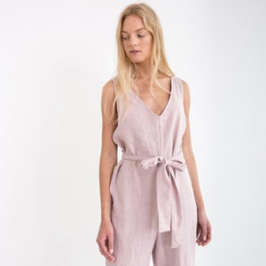 MADELINE Linen Jumpsuit With Belt / Sleeveless V-Neck Linen Overall zdjęcie 6