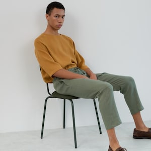 Image 5 of Mens Linen Drawstring Pants DOMINIC, Relaxed Fit Casual Trousers for Summer, Beach Resort Wear Slacks in "Sage Green" by LAC