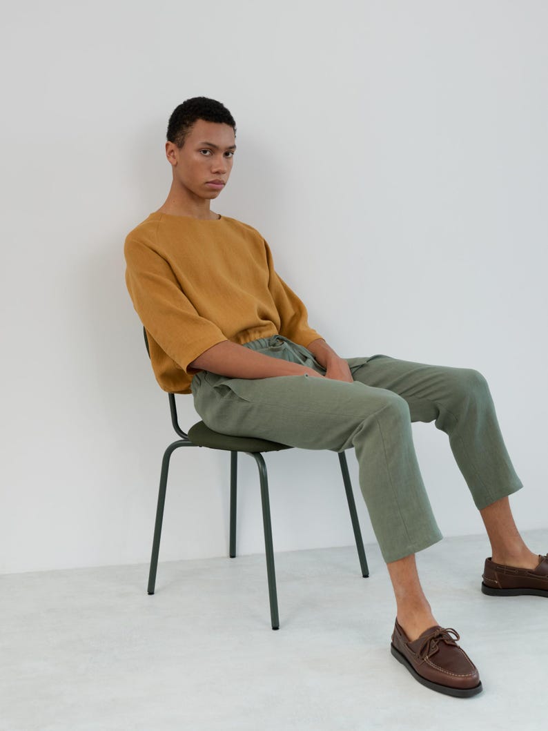 Image 5 of Mens Linen Drawstring Pants DOMINIC, Relaxed Fit Casual Trousers for Summer, Beach Resort Wear Slacks in "Sage Green" by LAC
