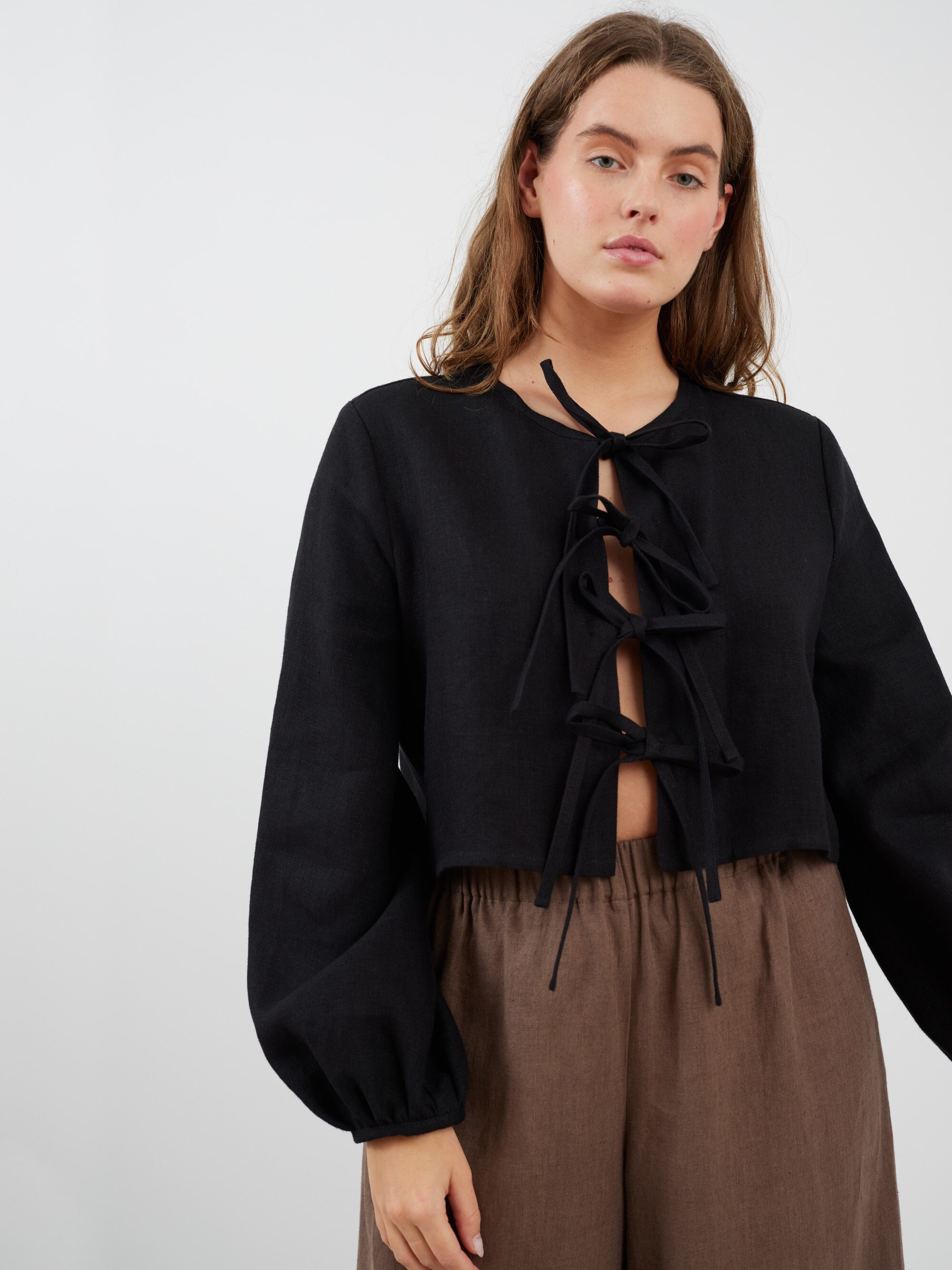 Heavy Tie Front Linen Top KOA / Cropped Linen Jacket