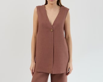 SALE Women's Linen Tunic Vest, Sleeveless Deep V Neck and Single Button | MATEO