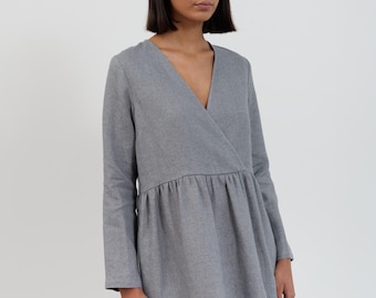 SALE Women's Linen Wrap-Front Midi Dress, V-Neck and Long Sleeves | ELENA