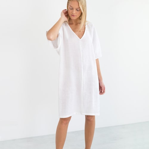 White Linen Dress Peony, Oversized Summer Tunic with Loose Short Sleeves