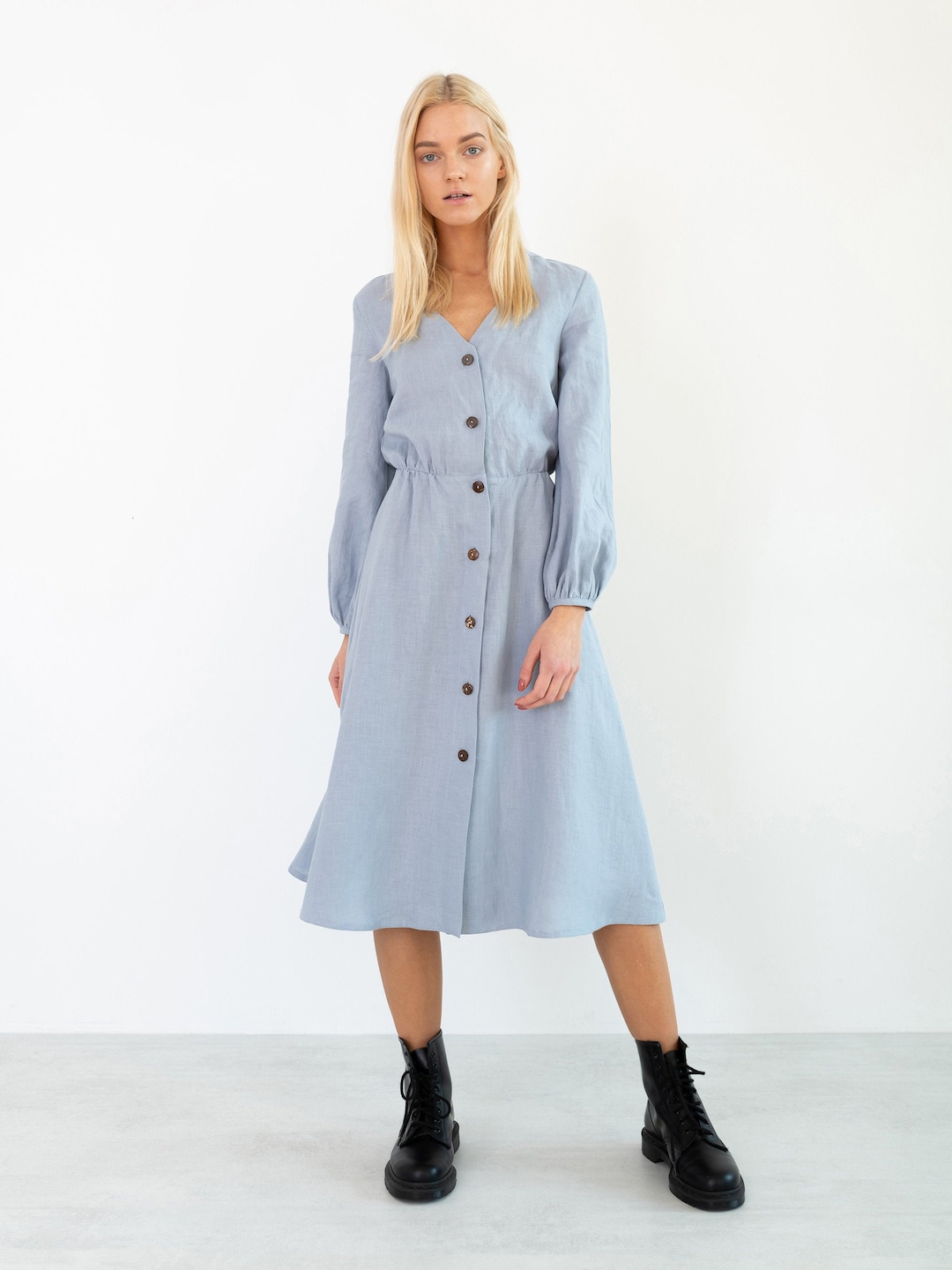 Women's Linen Button-Down Midi Dress with Long Sleeves and Waist Tie for Timeless Style main image 1