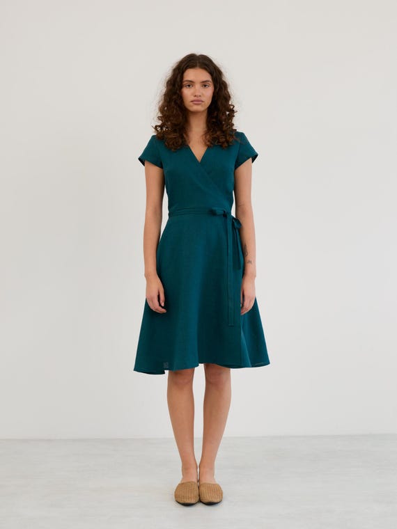 Teal Linen Wrap Dress AYLA with Short Sleeves Tie Waist and Knee Length Teal Linen Wrap Dress AYLA with Short Sleeves Tie Waist and Knee Length