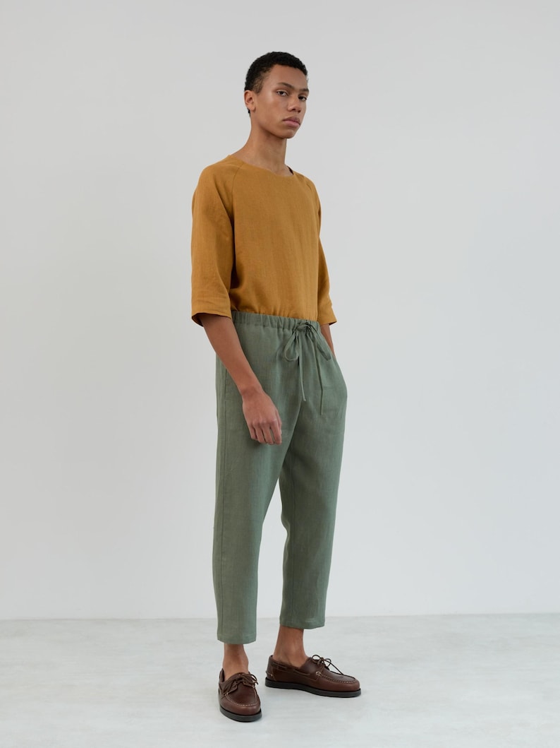 Image 1 of Mens Linen Drawstring Pants DOMINIC, Relaxed Fit Casual Trousers for Summer, Beach Resort Wear Slacks in "Sage Green" by LAC