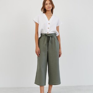 Linen Wide Leg Pants ALLIE / Linen Cropped Pants / Linen Beach Capris / Paperbag Linen Pants - Image 4