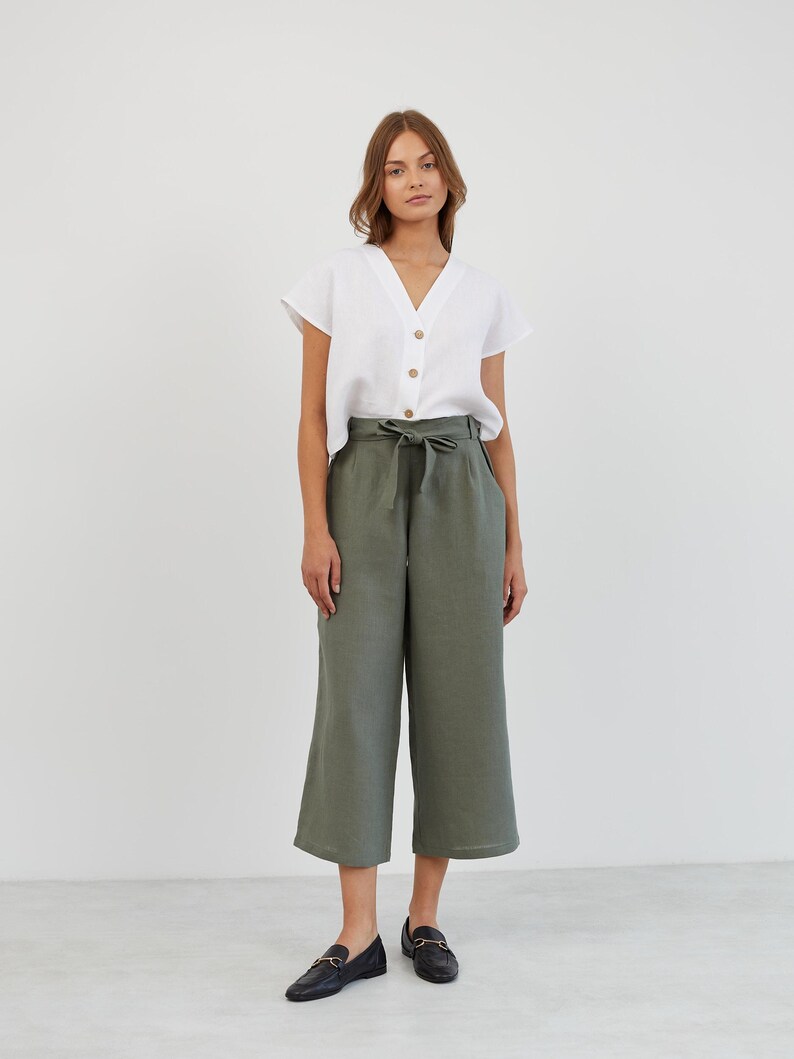 Linen Wide Leg Pants ALLIE / Linen Cropped Pants / Linen Beach Capris / Paperbag Linen Pants - Image 4