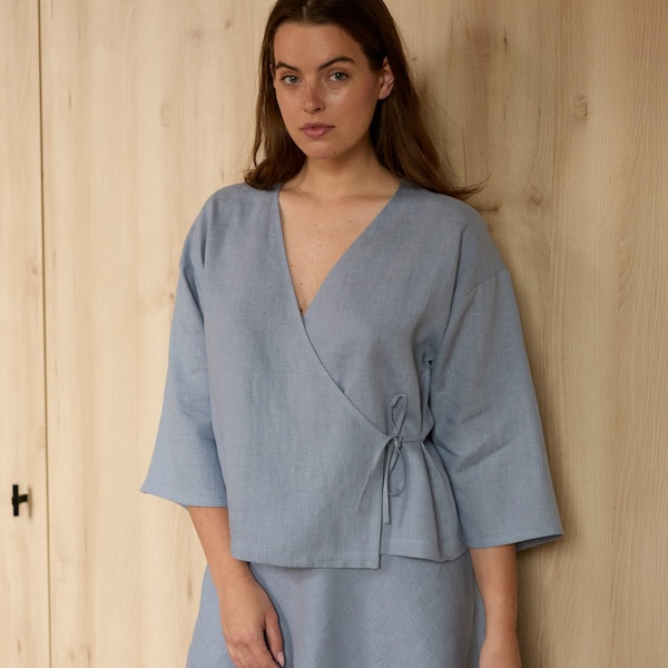 Linen kimono wrap top, vista blue cropped blouse, 3/4 sleeve | SOFIA