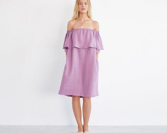 SALE Women's Off Shoulder Linen Dress, Ruffle Neckline and Side Pockets | THALIA