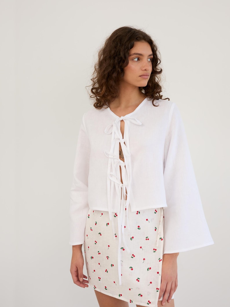 Tie Front Linen Top BLAIRE in White / Long Sleeve Tie Shirt / Linen Kimono Tie Front Shirt / Cropped Tie Jacket - Image 1