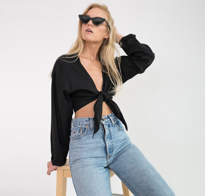 Ready to ship THEA Linen Tie Front Crop Top Long Sleeve Cropped Linen Blouse