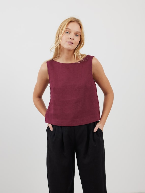 Linen Tank Top, Sleeveless Crop, Boat Neckline | SONATE - Etsy